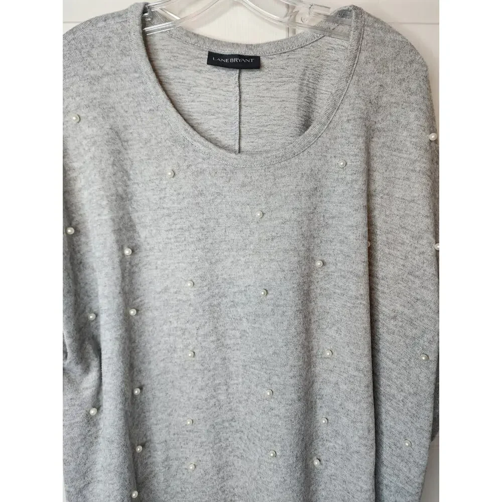 Lane Bryant Heather Gray Short Sleeve Sweater with Pearls